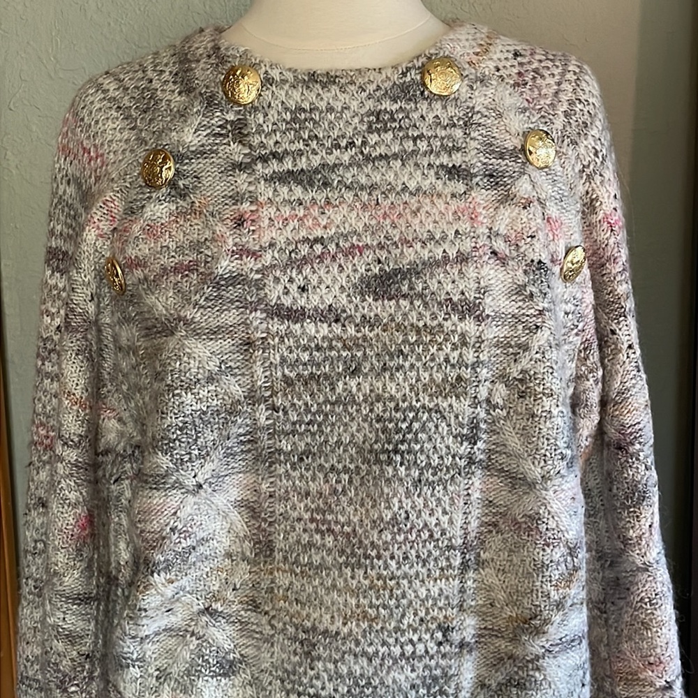 Veronica Beard Marled Cream Knit Sweater with Pink Flecks and Gold Buttons